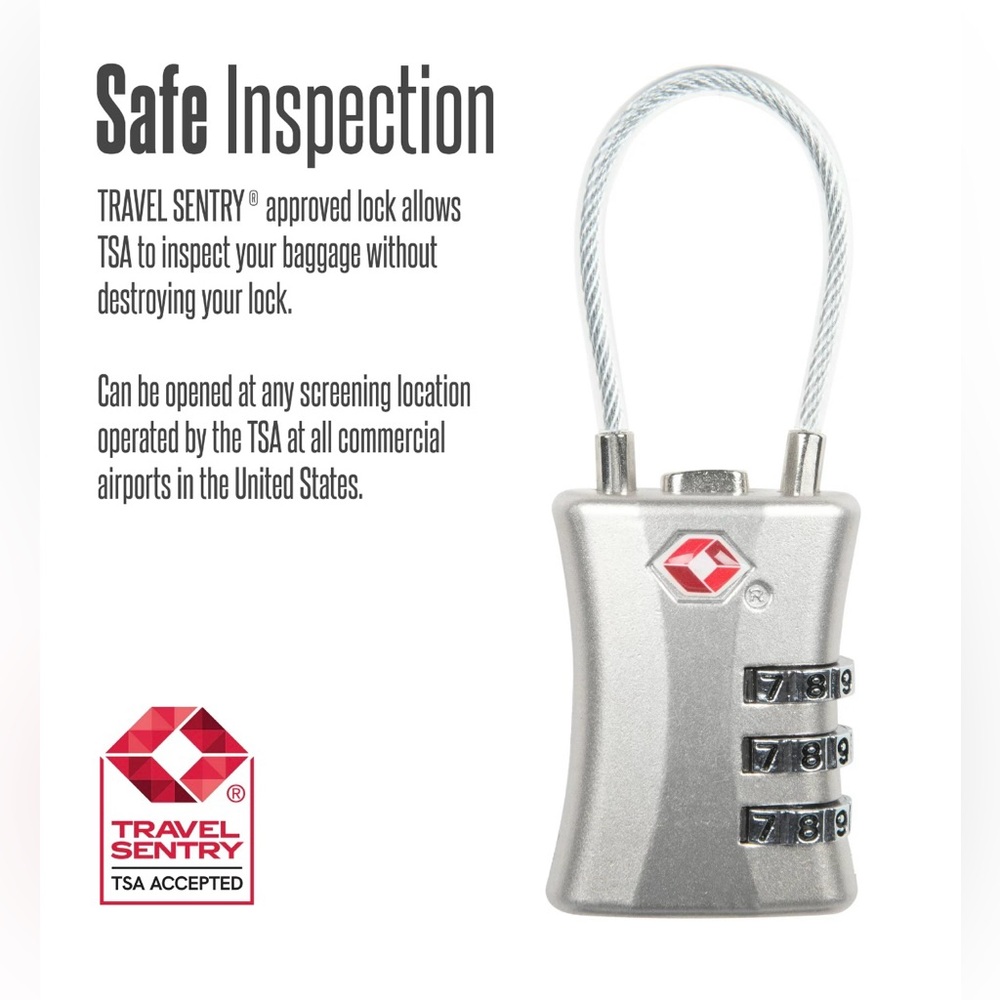 Protege 3 Dial Combination Zinc Alloy Travel Cable Luggage Lock,TSA Approved;NWT